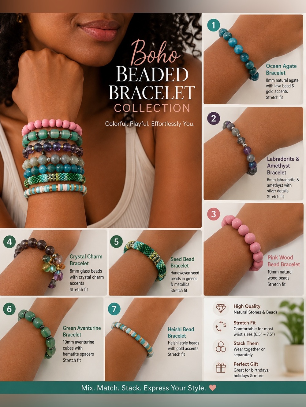 Set of 7 Multicolor Beaded Bracelets-stretchy